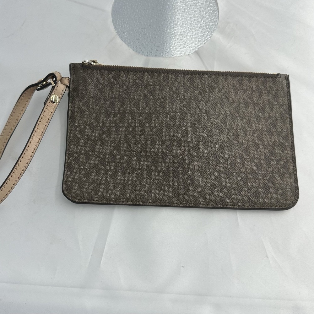Michael Kors Logo Beige Brown Wristlet Clutch Zip Designer Women's Bag
